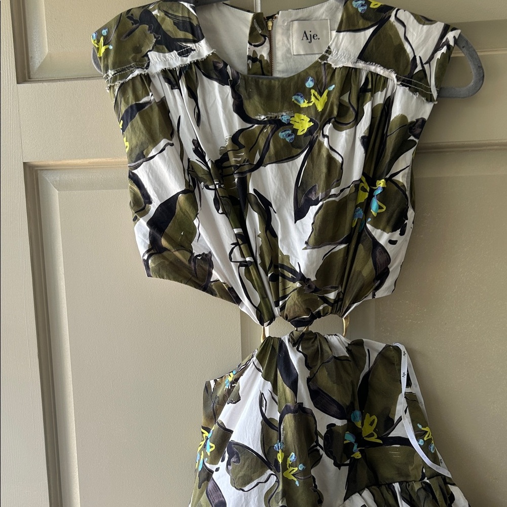 Aje Olive, White & Blue Floral Cutout Dress